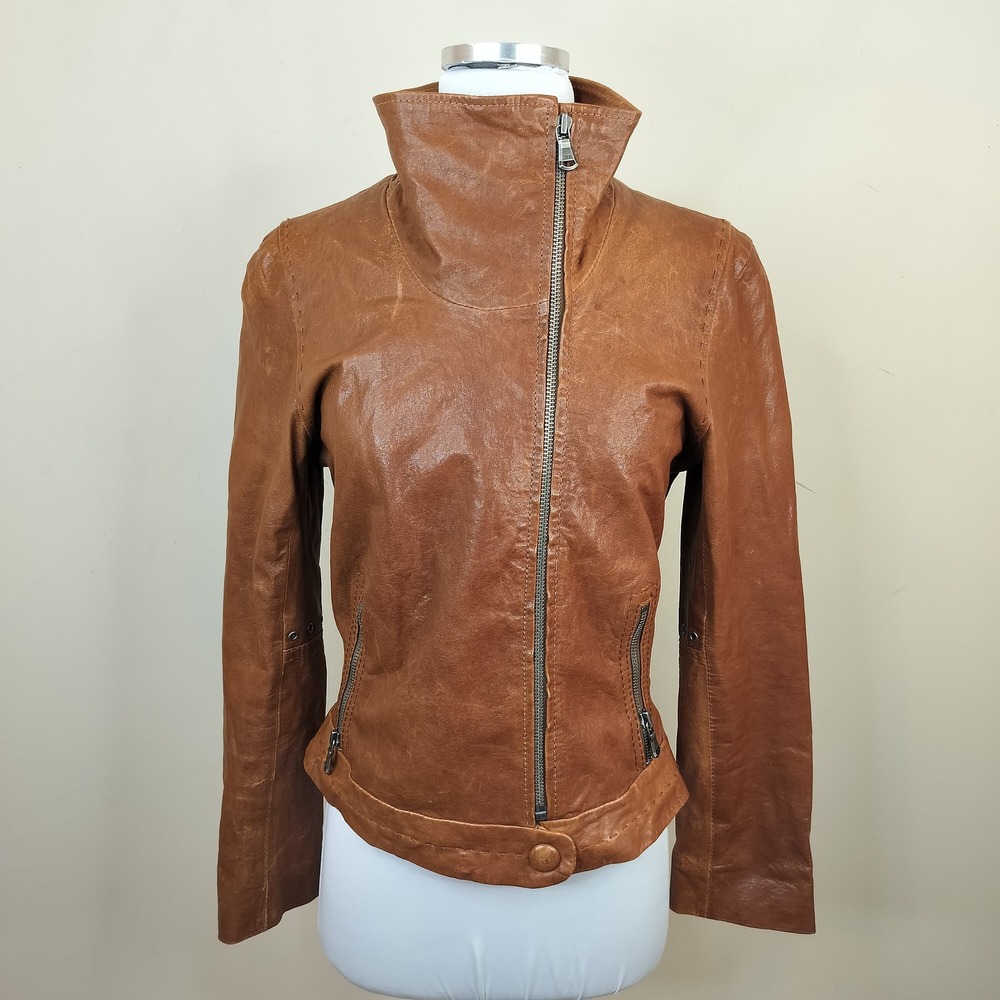 June Brown Leather Jacket Small Studded Moto Zip Up Zippers